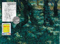 Using high-resolution digital images of x-rays, the automated thread count method under development by Johnson and a team of students reveals a strip (in red) of more tightly woven canvas in a corner of Van Gogh’s Undergrowth. Such patterns can help art historians better sequence an artist’s work or art curators restore paintings that have been cut into pieces.
