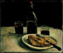 Once considered a Van Gogh, Still Life with Bottle of Wine, Two Glasses, and Plate with Bread and Cheese is now thought to be by an unknown friend of Vincent’s brother Theo.